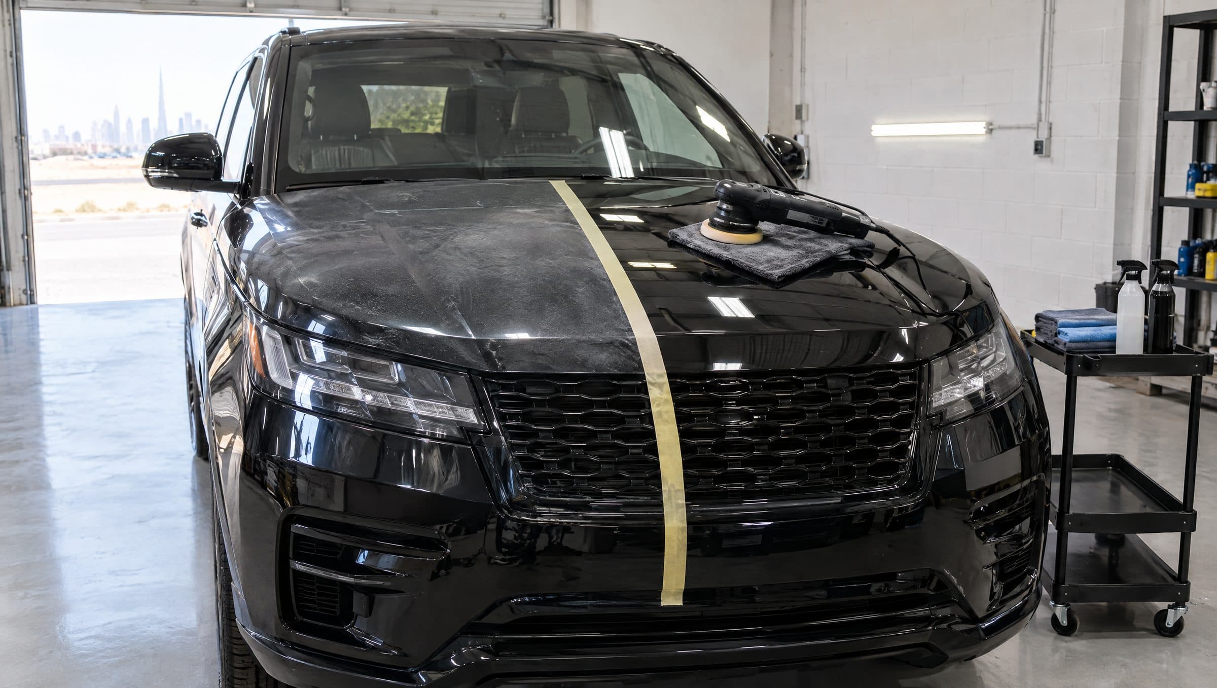 A black SUV in a bright workshop bay, its bonnet taped down the middle: dull and swirled on one side, polished to a mirror gloss on the other.