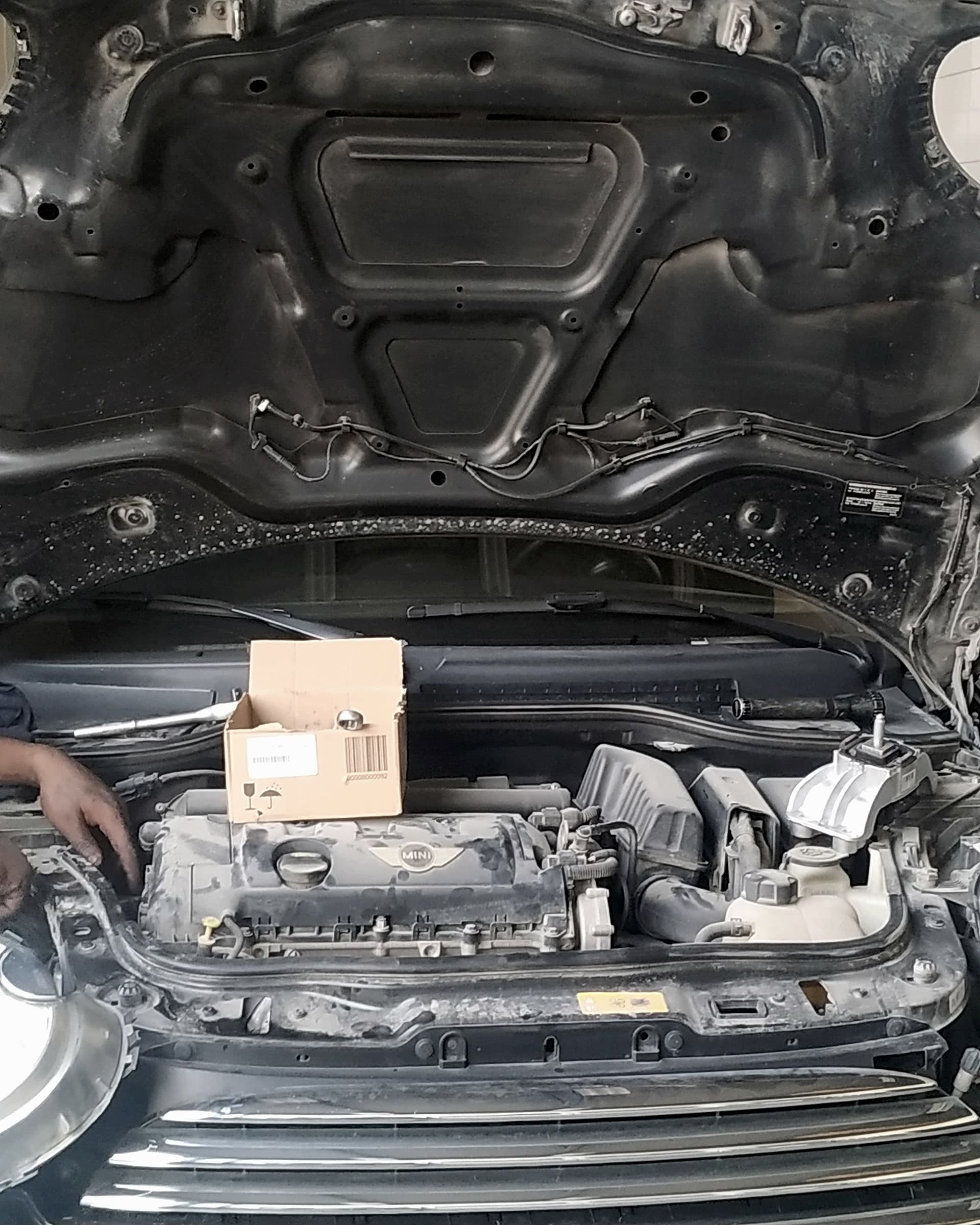 Black Mini with the bonnet tipped forward and the engine bay open, a parts box resting on the scuttle and a technician's hands working at the side of the bay.